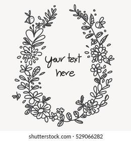 Vintage elegant with summer flowers. Black and white vector illustration.