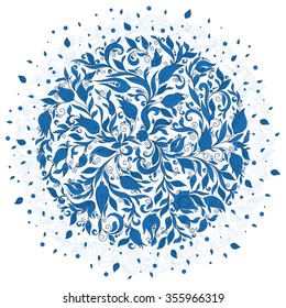 Vintage elegant vector background with a bouquet of flowers in blue. Vector  illustration. Hand Drawn Ornament with Floral Wreath. Template for Greeting Card. Paisley Flowers Illustration Design  