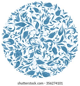 Vintage elegant vector background with a bouquet of flowers in blue. Vector  illustration. Hand Drawn Ornament with Floral Wreath. Template for Greeting Card. Paisley Flowers Illustration Design  