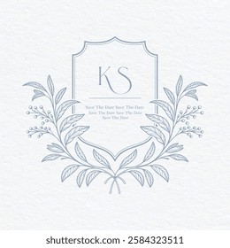 Vintage elegant wedding crest design. Hand drawn leaves frames with flowers monogram. KS initial wedding monogram crest.

