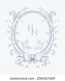 Vintage elegant wedding crest design. Hand drawn leaves frames with flowers monogram. HM initial wedding monogram crest.