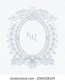 Vintage elegant wedding crest design. Hand drawn leaves frames Baroque style monogram. KR initial wedding monogram crest.