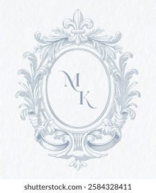 Vintage elegant wedding crest design. Arabesque with scrolls in Baroque style monogram. MK initial wedding monogram crest.
