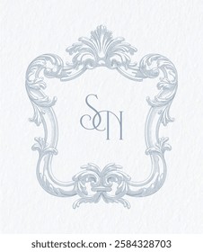 Vintage elegant wedding crest design. Arabesque with scrolls in Baroque style monogram. SN initial wedding monogram crest.