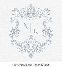 Vintage elegant wedding crest design. Arabesque with scrolls in Baroque style monogram. MK initial wedding monogram crest.