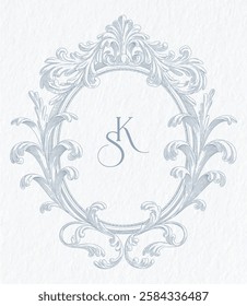 Vintage elegant wedding crest design. Arabesque with scrolls in Baroque style monogram. SK initial wedding monogram crest.