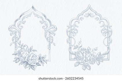 Vintage elegant wedding crest design. Wedding monogram crest, line-art illustration.