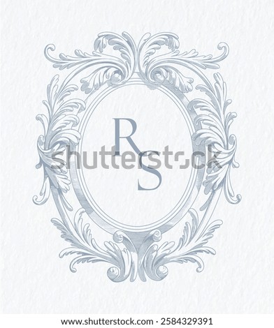 Vintage elegant wedding crest design. Arabesque with scrolls in Baroque style monogram. RS initial wedding monogram crest.