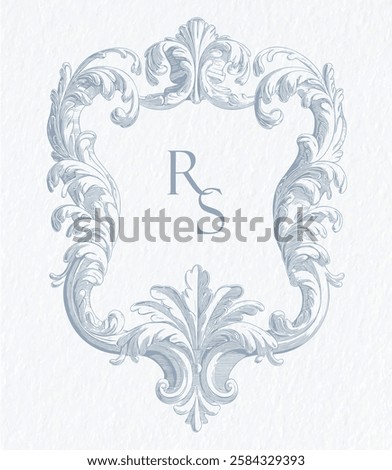 Vintage elegant wedding crest design. Arabesque with scrolls in Baroque style monogram. RS initial wedding monogram crest.