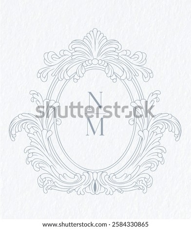 Vintage elegant wedding crest design. Arabesque with scrolls in Baroque style monogram. NM initial wedding monogram crest.