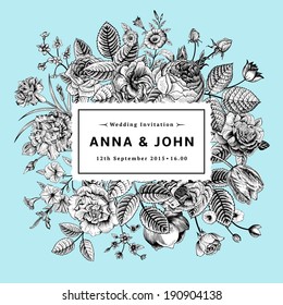 Vintage elegant wedding invitation with Black and white summer flowers on mint background. Vector illustration.