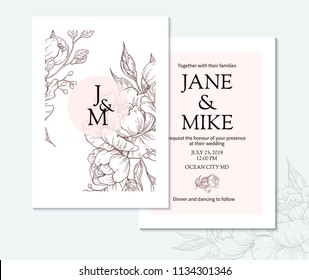 Vintage elegant wedding invitation card template with vector peony and roses. Botanical drawing sketch. Engraved bouquet with leaves and berries. Save the date template, anniversary card design