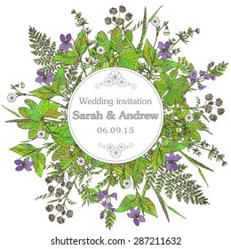 Vintage elegant wedding invitation or card Save the Date with graphic flowers and herbs. Vector illustration.
