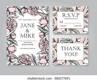 Vintage elegant wedding invitation card template collection with peony flowers. Black and white ink engraving vector illustration. Great for wedding invitation or birthday card