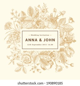 Vintage elegant wedding invitation with gold summer flowers on beige background. Vector illustration.