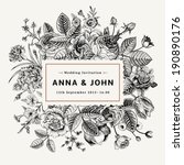 Vintage elegant wedding invitation with summer flowers. Black and white vector illustration.