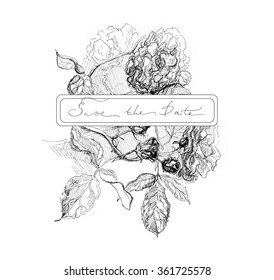 Vintage elegant wedding invitation with summer flowers. Black and white vector illustration.