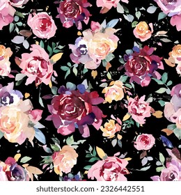 Vintage elegant white and pink roses print on a black background, seamless pattern texture. Floral ornament.