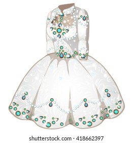 Vintage elegant women's dress white inlaid with precious stones. Vector illustration.