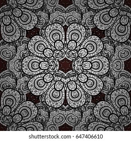 Vintage element on brown background. White floral ornament in baroque style. Damask ornamental pattern repeating background. Antique white repeatable wallpaper.