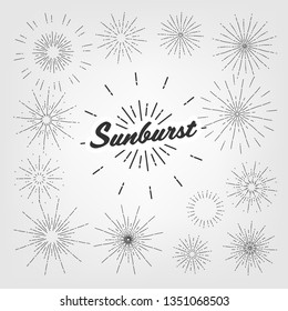 Vintage Element Sunburst Set Vector. Circle Sun. Graphic Frame. Hand Drawn Shape. Ray Stamp. Old Emblem Text. Banner Sunbeam. Illustration