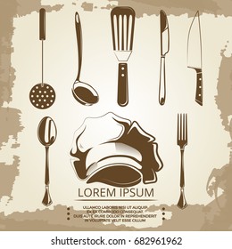 Vintage elements for cafe or restaurant labels, background, banners on grunge background. Element of kitchen tools illustration