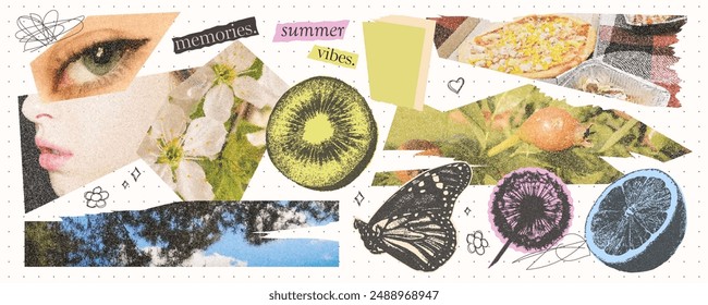 Vintage elements for collage and scrapbooking. Clippings of photos of nature, picnic, woman's face. Retro stickers with photocopy effect.