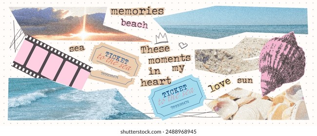 Vintage elements for collage and scrapbooking. Photo clippings of sea, sky, beach. Torn ticket to the sea and photographic film. Retro collage with memories.