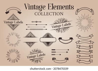 Kollektion von Vintage Elements, Abzeichen, Ribbons, Etiketten, Pfeile, Sonnenstrahlen und Trennlinien