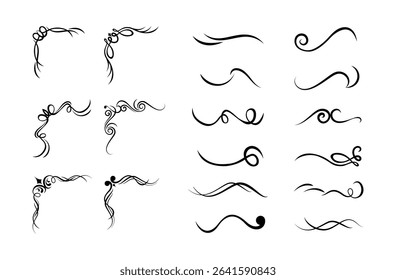 Vintage elements with corners and Set of calligraphic swashes swirling lines and flourishes
