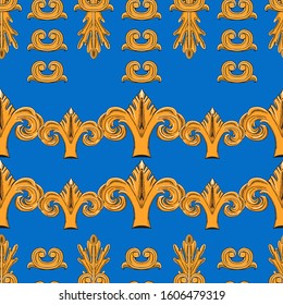 Vintage elements and golden arrows on a blue background. Baroque pattern. Seamless pattern for different surfaces.