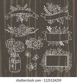 Vintage elements hand drawn illustration set with banners, ribbons, florals and frames