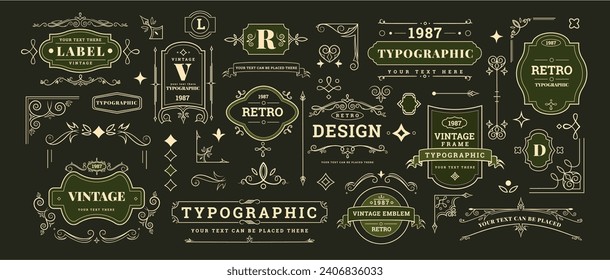 Vintage elements, logo retro isolated frames and decorative objects. Flourish ribbons, ornament, ornate decoration, fancy label, sign text typographic, antique badge. Vector classic luxury frame