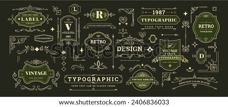 Vintage elements, logo retro isolated frames and decorative objects. Flourish ribbons, ornament, ornate decoration, fancy label, sign text typographic, antique badge. Vector classic luxury frame