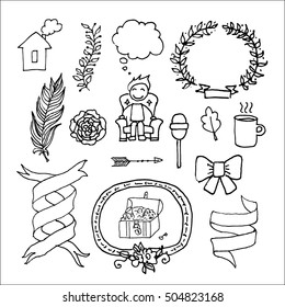 Vintage elements, ribbons and frames set. Hand drawn vector illustration isolated on white.