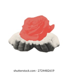 Vintage elements rose and hands with a retro halftone effect. Female hands with open palms giving gesture for solidarity. International Women's day. Vector illustration isolated on transparent background.