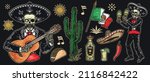 Vintage elements set with mexican skeleton mariachi performers playing guitar and maracas, cactuses, national flag, tequila, chili pepper and taco, vector illustration