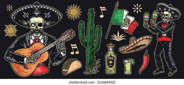 Vintage elements set with mexican skeleton mariachi performers playing guitar and maracas, cactuses, national flag, tequila, chili pepper and taco, vector illustration