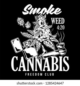Vintage elements for smoking weed device Tube and lighter with cannabis marijuana hemp retro illustration for fashion print t shirt sweatshirt banner poster sticker patch icon logo design embroidery