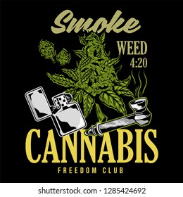 Vintage elements for smoking weed device Tube and lighter with cannabis marijuana hemp retro illustration for fashion print t shirt sweatshirt banner poster sticker patch icon logo design embroidery
