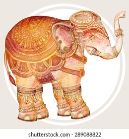 Vintage elephant illustration. Hand draw painted ornament.Orient traditional ornament. Indian style. Elegant poster design.Vectorized watercolor drawing. Isolated on colored background  