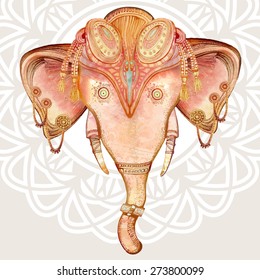 Vintage elephant illustration.Hand draw painted ornament.Orient traditional ornament. Indian style.Elegant vintage poster design.Vectorized watercolor drawing. Isolated on colored background

