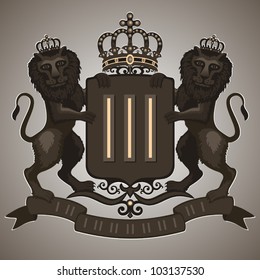 Vintage emblem. Emblem antique, coat of arms: lions hold the shield, crown, banner. Vector illustration.