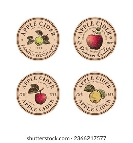 Emblema vintage para sidra de manzana con ilustración de manzana dibujada a mano. Plantilla de etiquetas