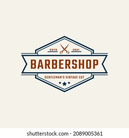 Vintage Emblem Badge Barber Shop Logo with Scissors Symbol for Gentleman Haircut in Retro Style Vector Illustration