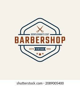 Logo de la Barbería de la Bandera del Emblema Vintage con símbolo de tijeras para el corte de pelo del caballero en la ilustración del vector de estilo retro