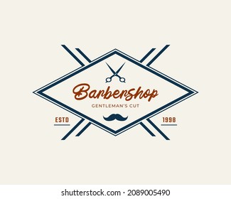 Vintage Emblem Badge Barber Shop Logo with Scissors Symbol for Gentleman Haircut in Retro Style Vector Illustration