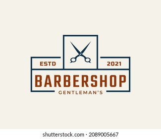 Vintage Emblem Badge Barber Shop Logo with Scissors Symbol for Gentleman Haircut in Retro Style Vector Illustration