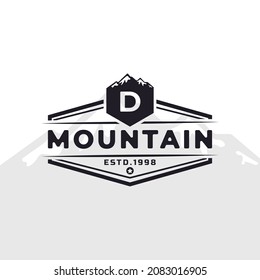 Vintage Emblem Badge Letter D Mountain Typography Logo for Outdoor Adventure Expedition, Mountains Silhouette Shirt, Print Stamp Design Template Element