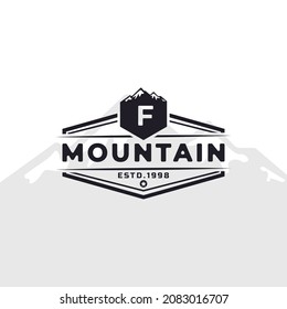 Vintage Emblem Badge Letter F Mountain Typography Logo for Outdoor Adventure Expedition, Mountains Silhouette Shirt, Print Stamp Design Template Element